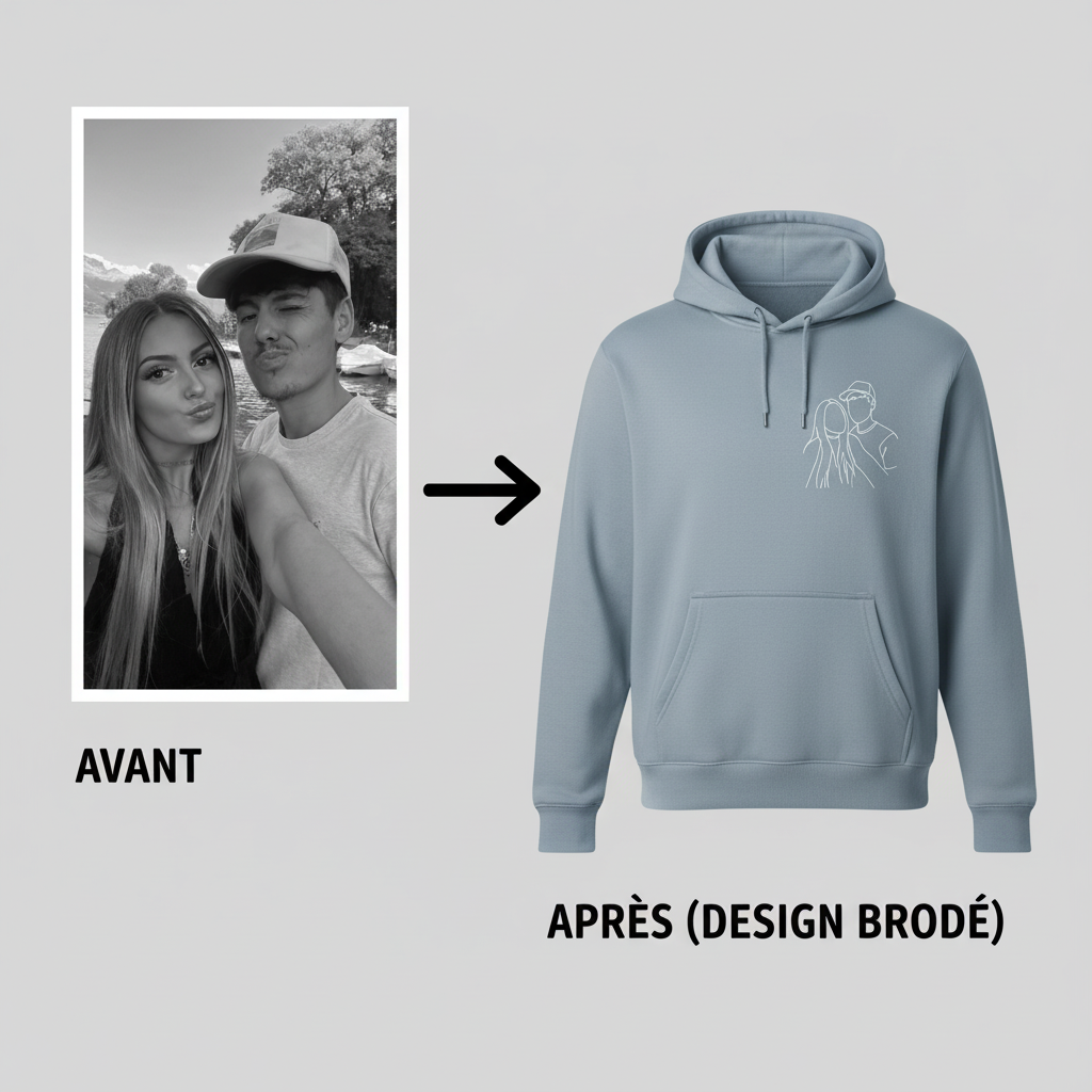 Sweat-shirt brodé personnalisé avec portrait de couple ou de famille - Cadeau idéal